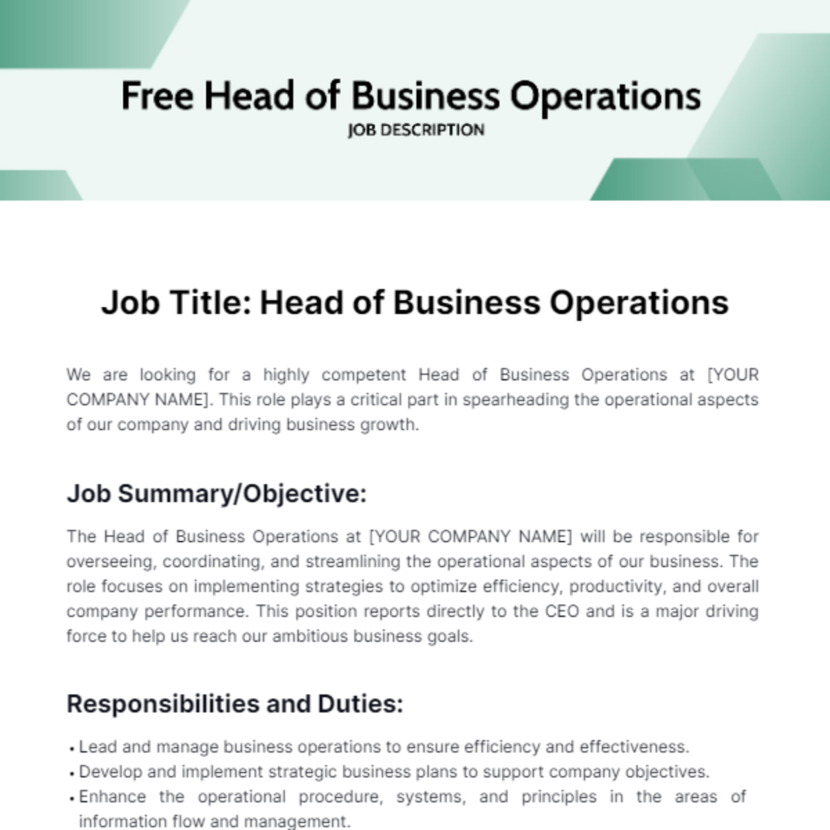 Head of Business Operations Job Description Template
