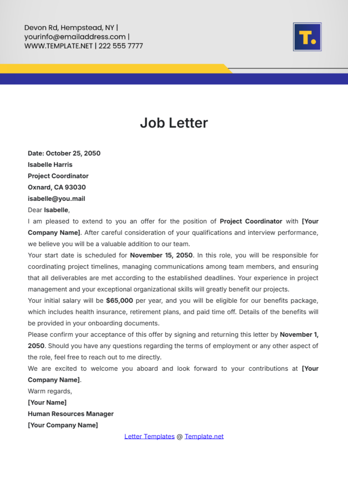 Job Letter Template - Edit Online & Download