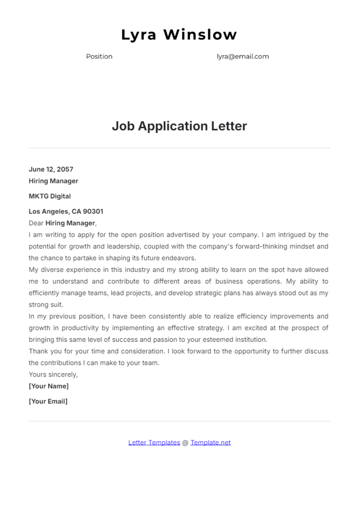 Printable Job Application Letter Template - Edit Online & Download