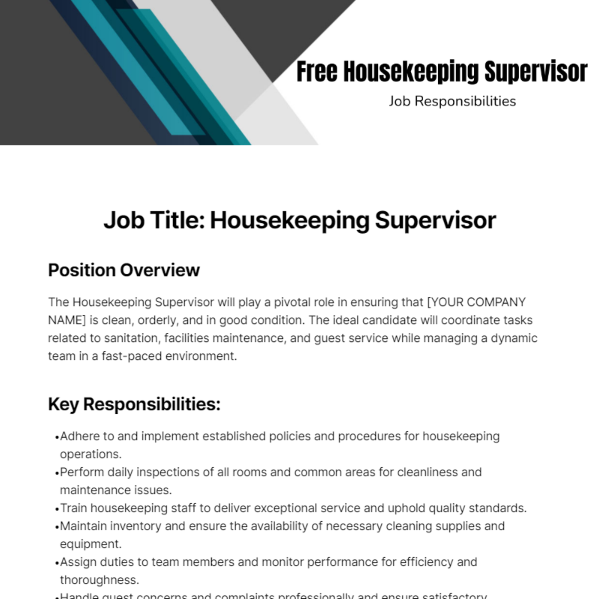 Free Housekeeping Supervisor Job Responsibilities Template