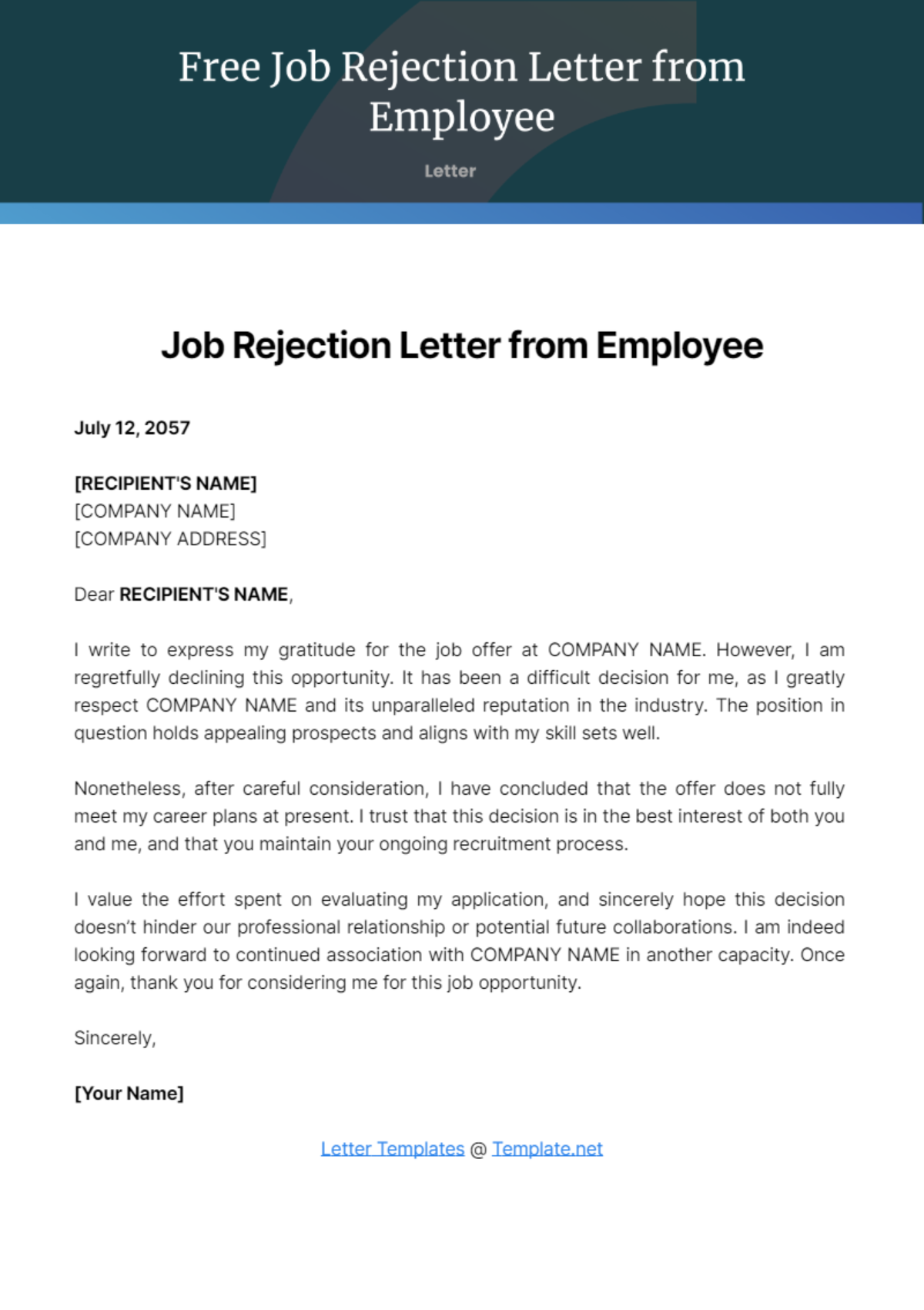 Job Rejection Letter from Employee Template