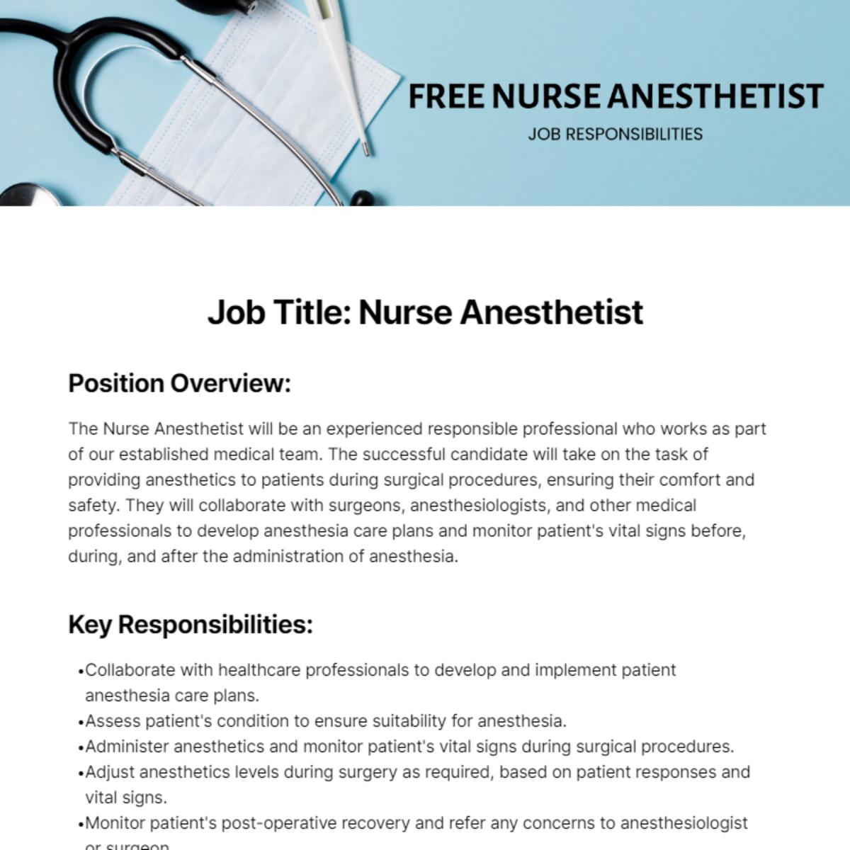 Free Nurse Anesthetist Job Responsibilities Template