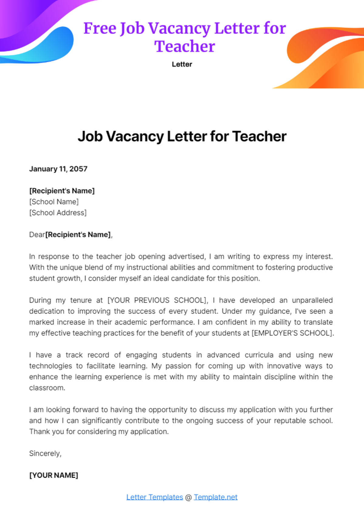 Free Job Vacancy Letter for Teacher Template