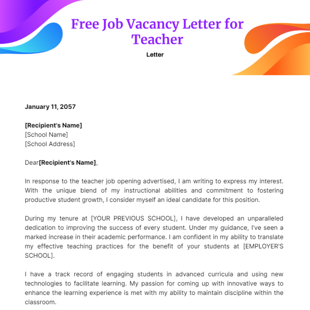 Job Vacancy Letter for Teacher Template