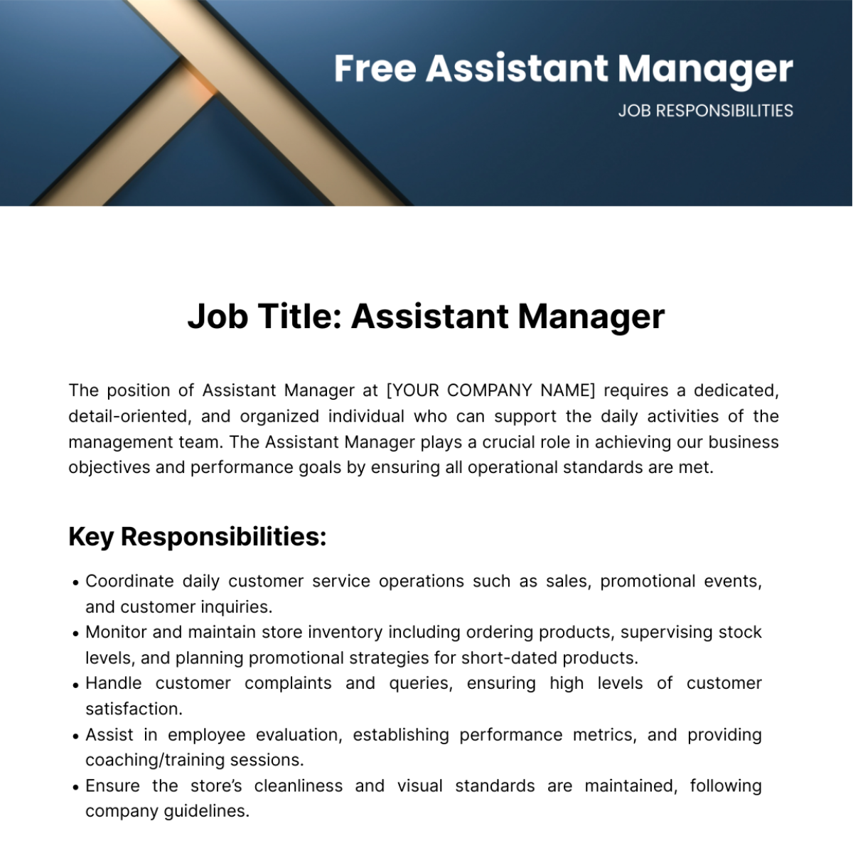 Free Assistant Manager Job Responsibilities Template