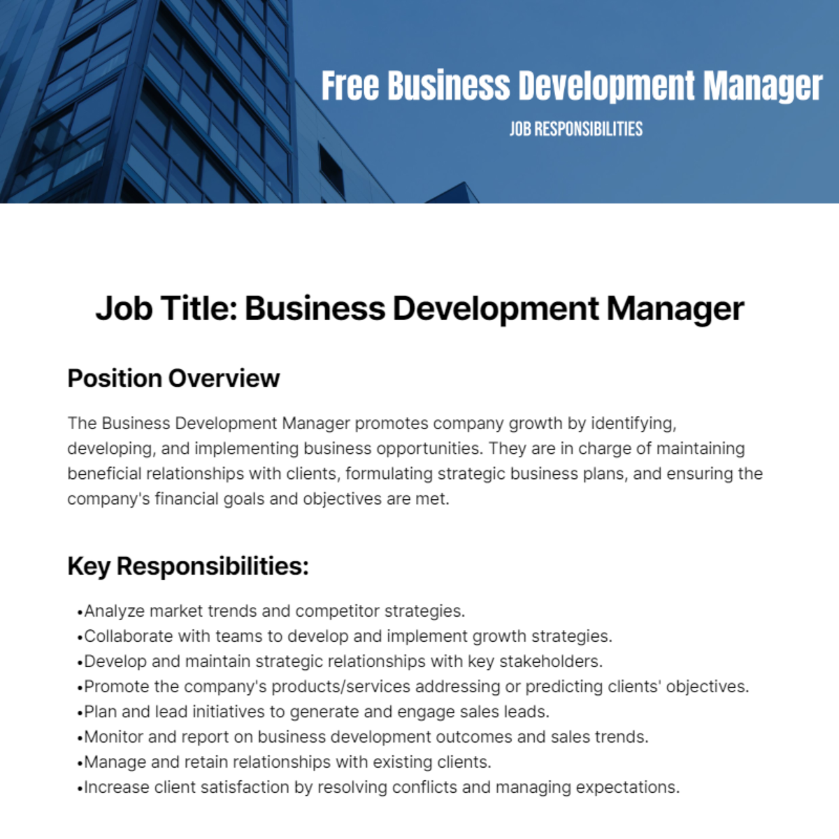 Free Business Development Manager Job Responsibilities Template