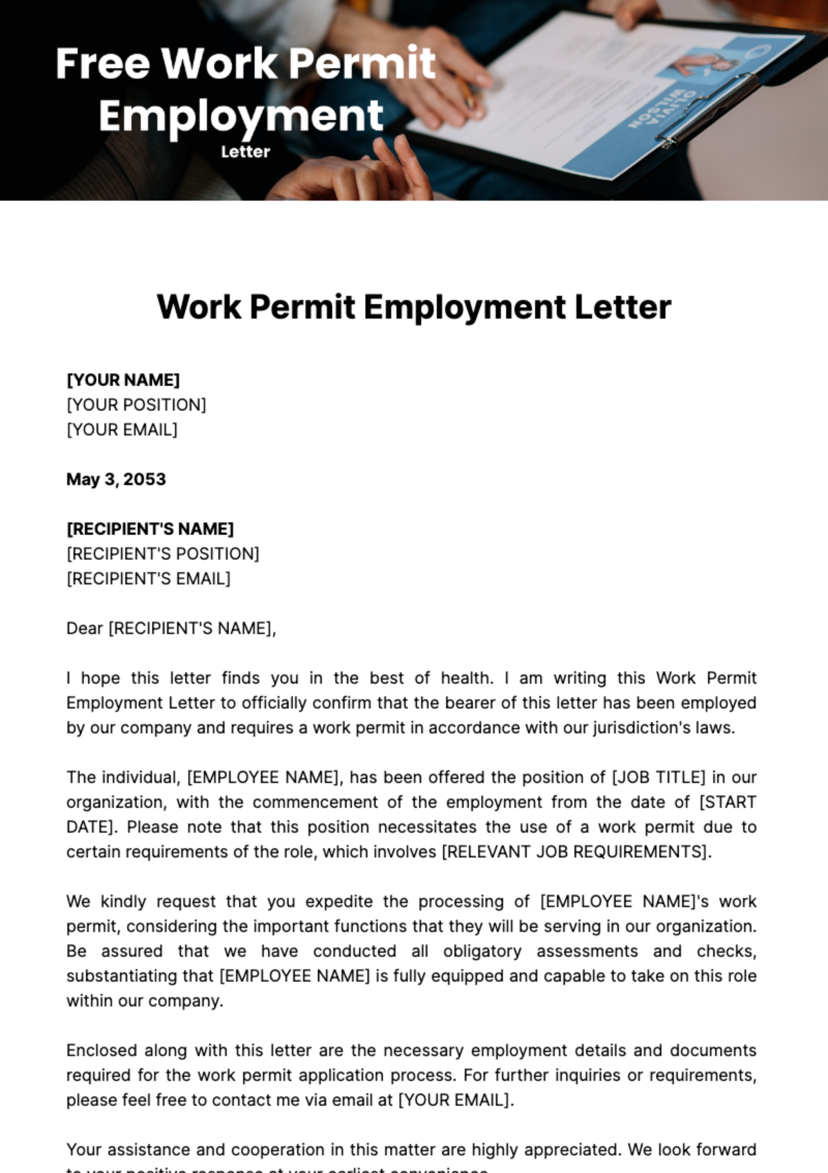 Free Work Permit Employment Letter Template