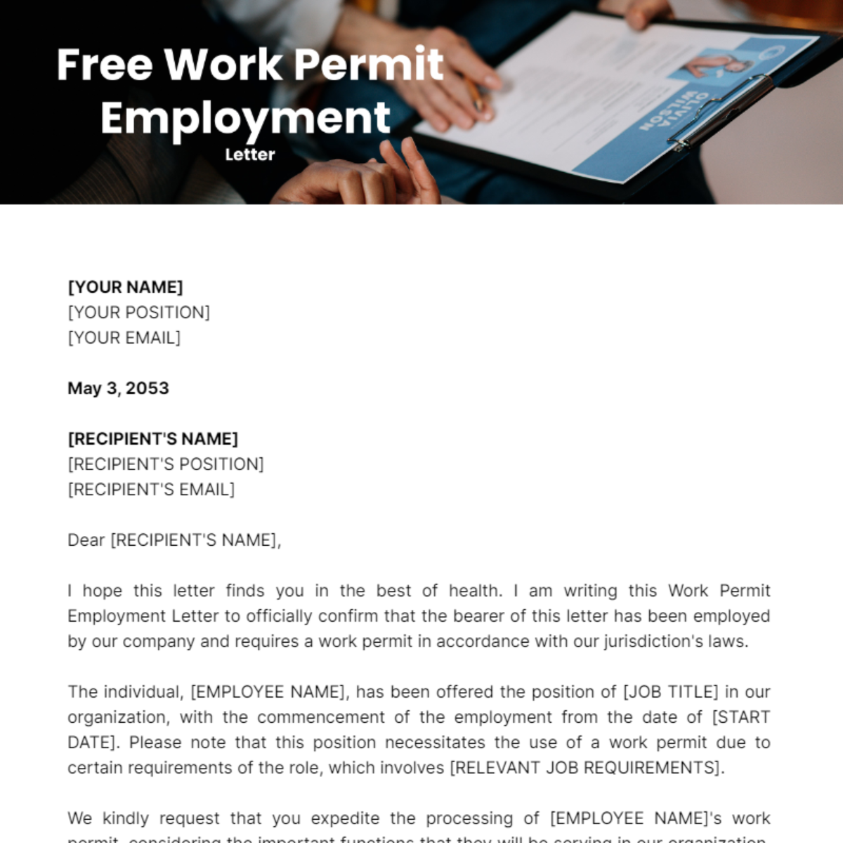 Work Permit Employment Letter Template