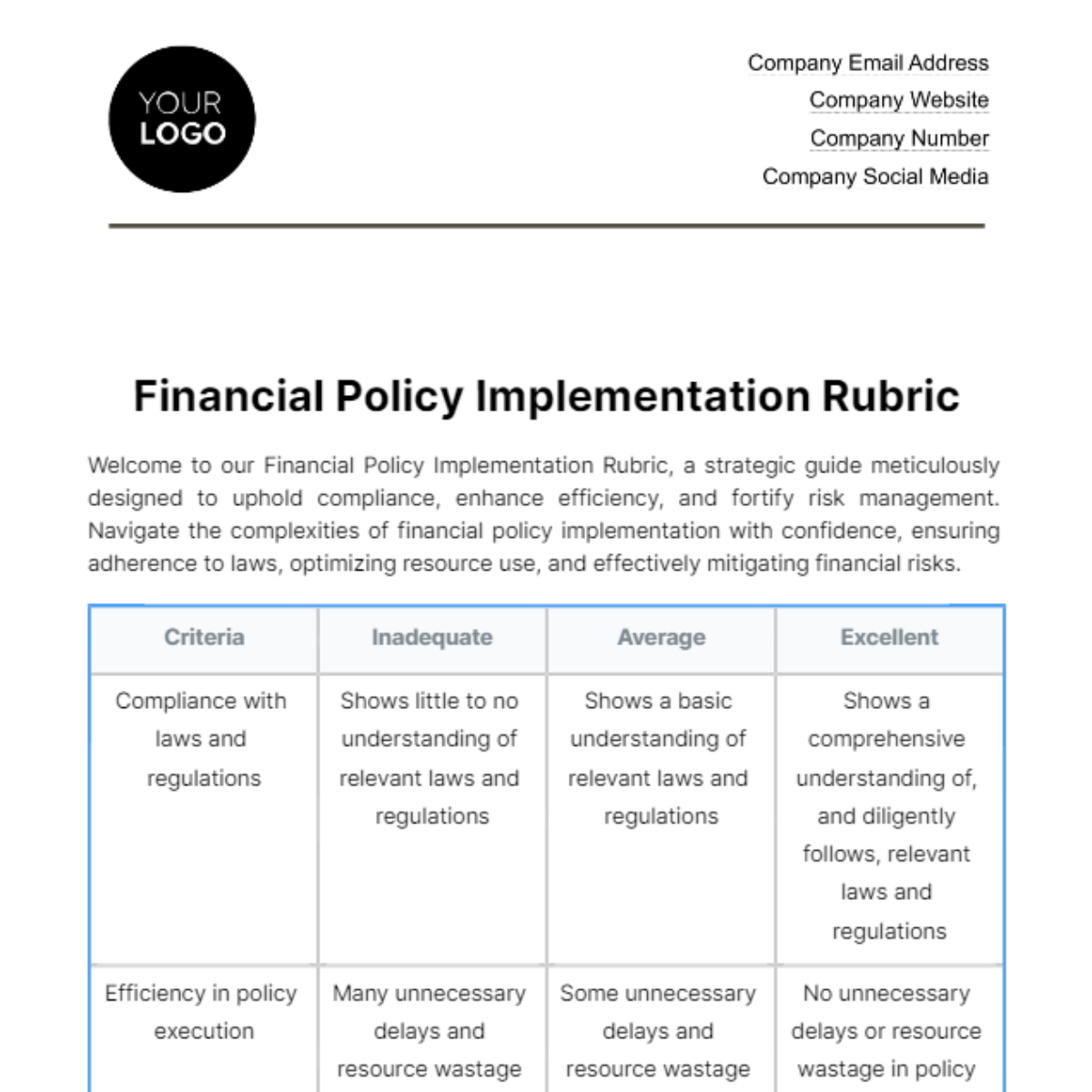 Financial Policy Implementation Rubric Template