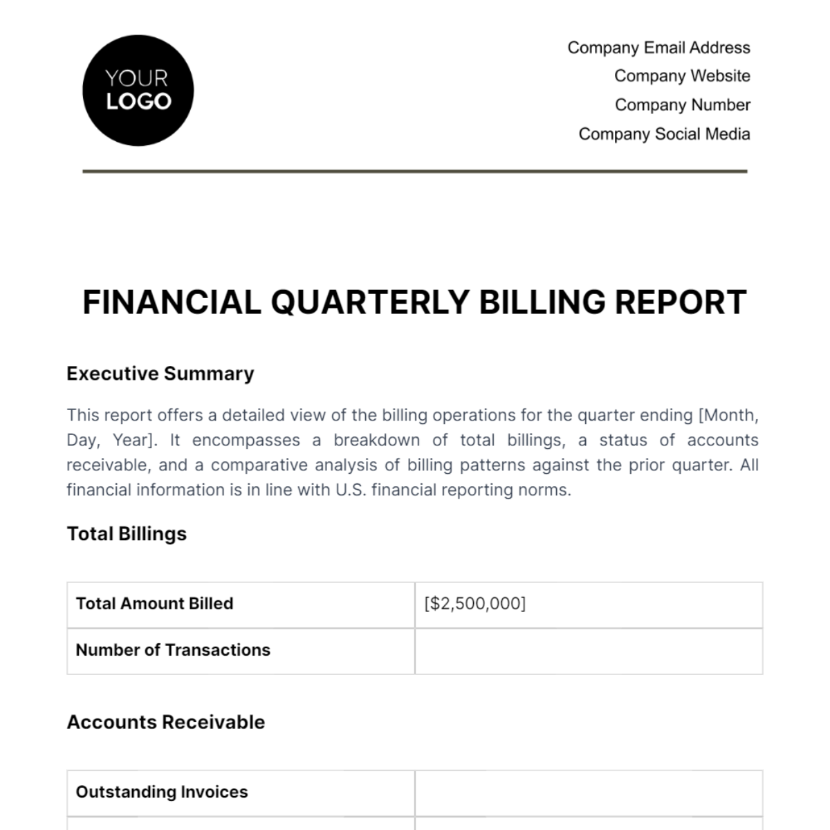 Finance Quarterly Billing Report Template
