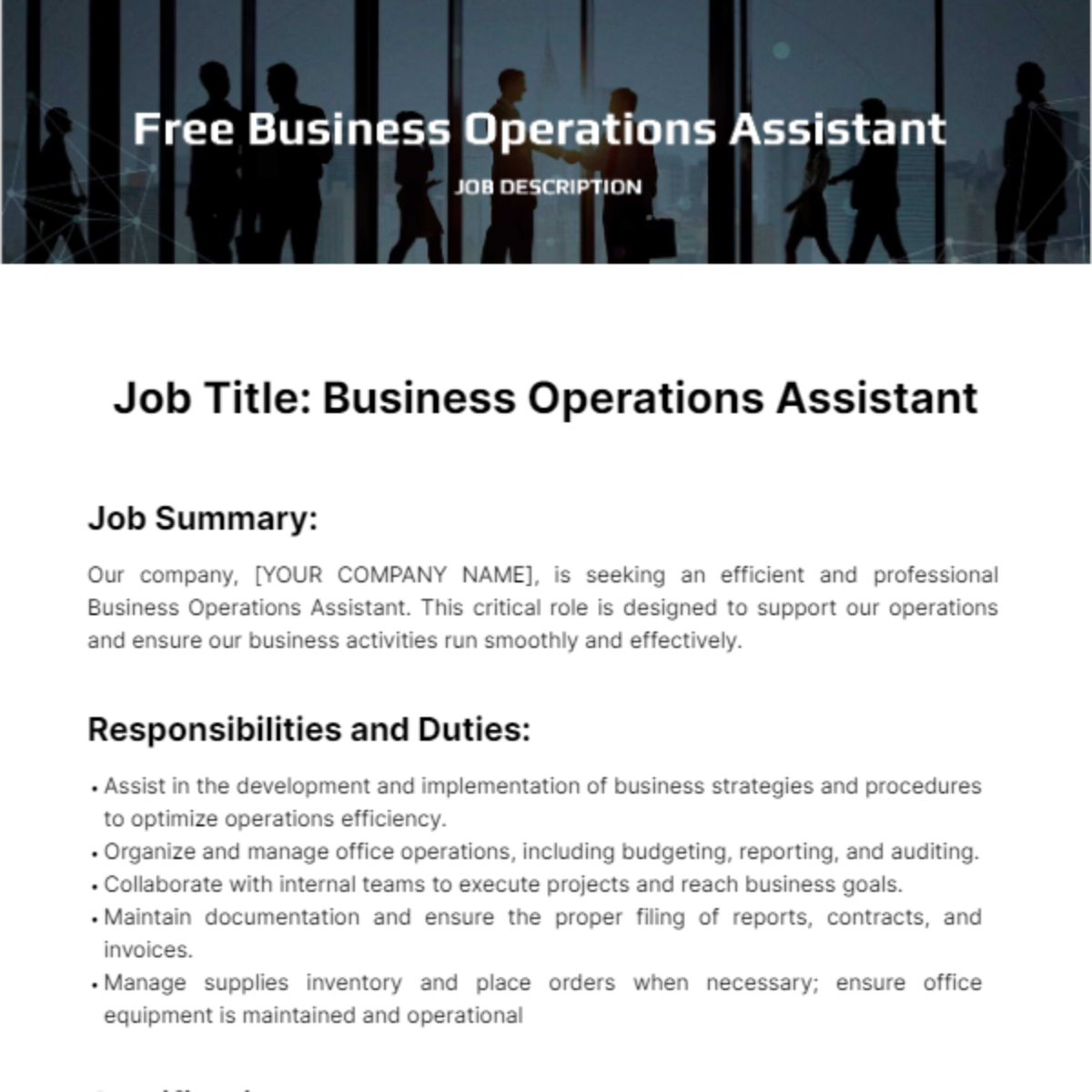 Business Operations Assistant Job Description Template