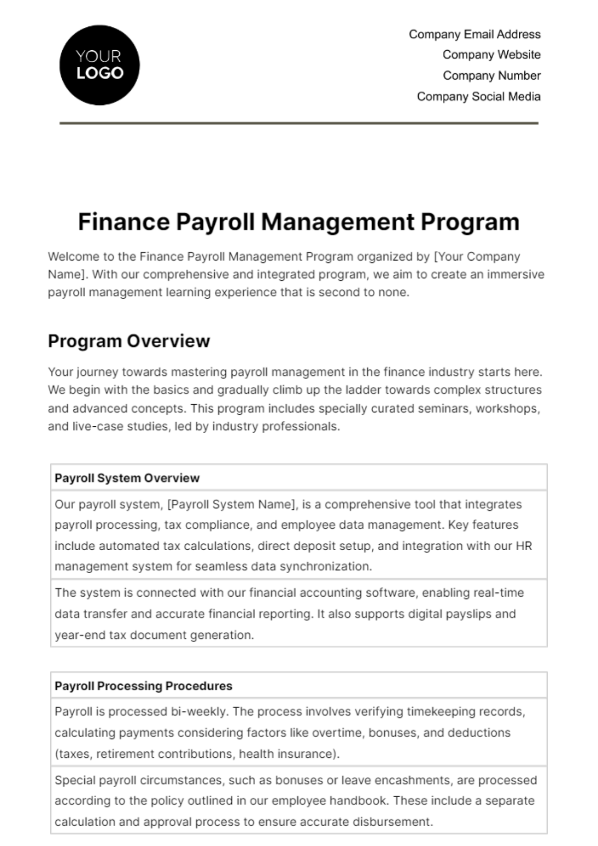 Free Finance Payroll Management Program Template