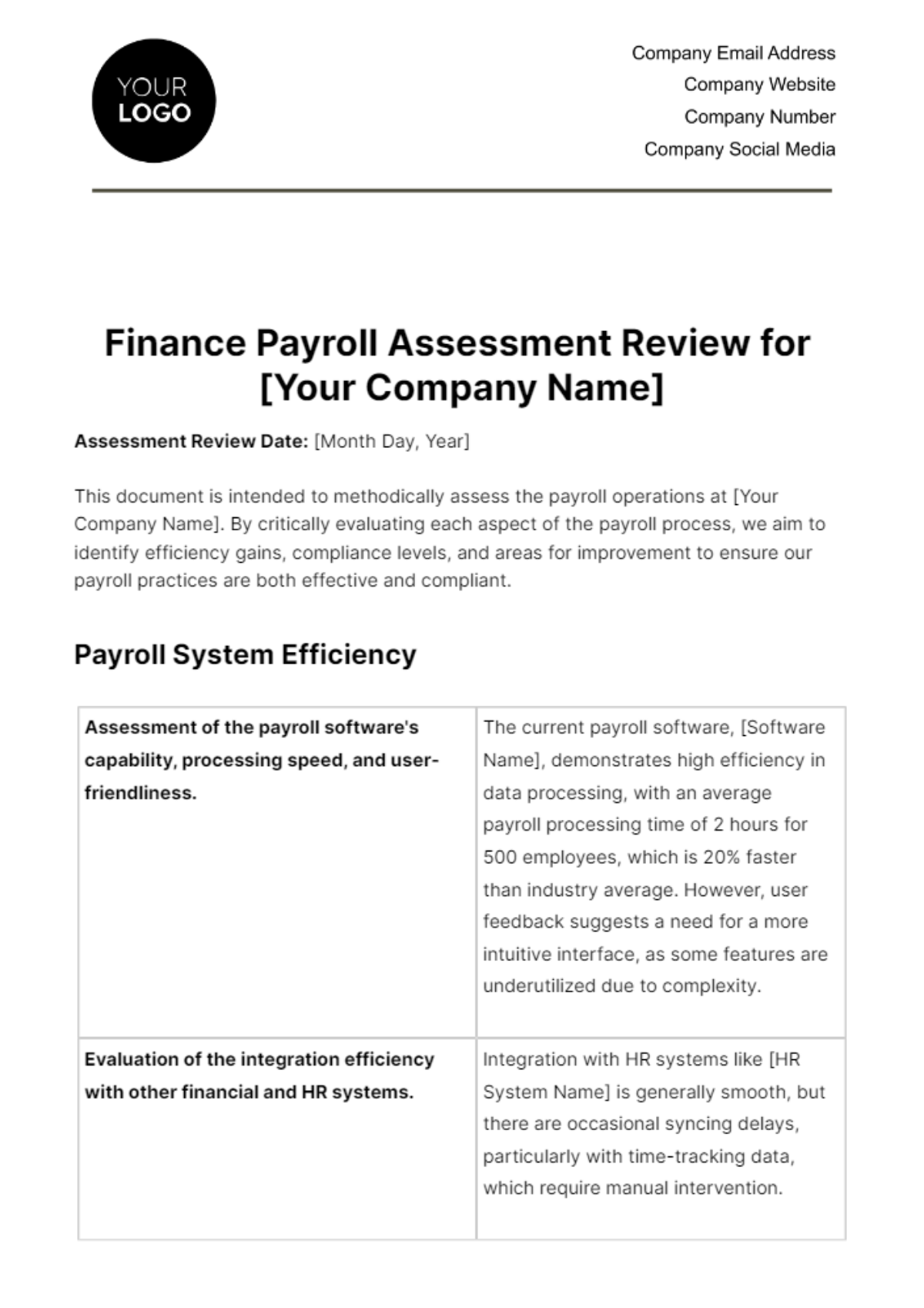 Finance Payroll Assessment Review Template