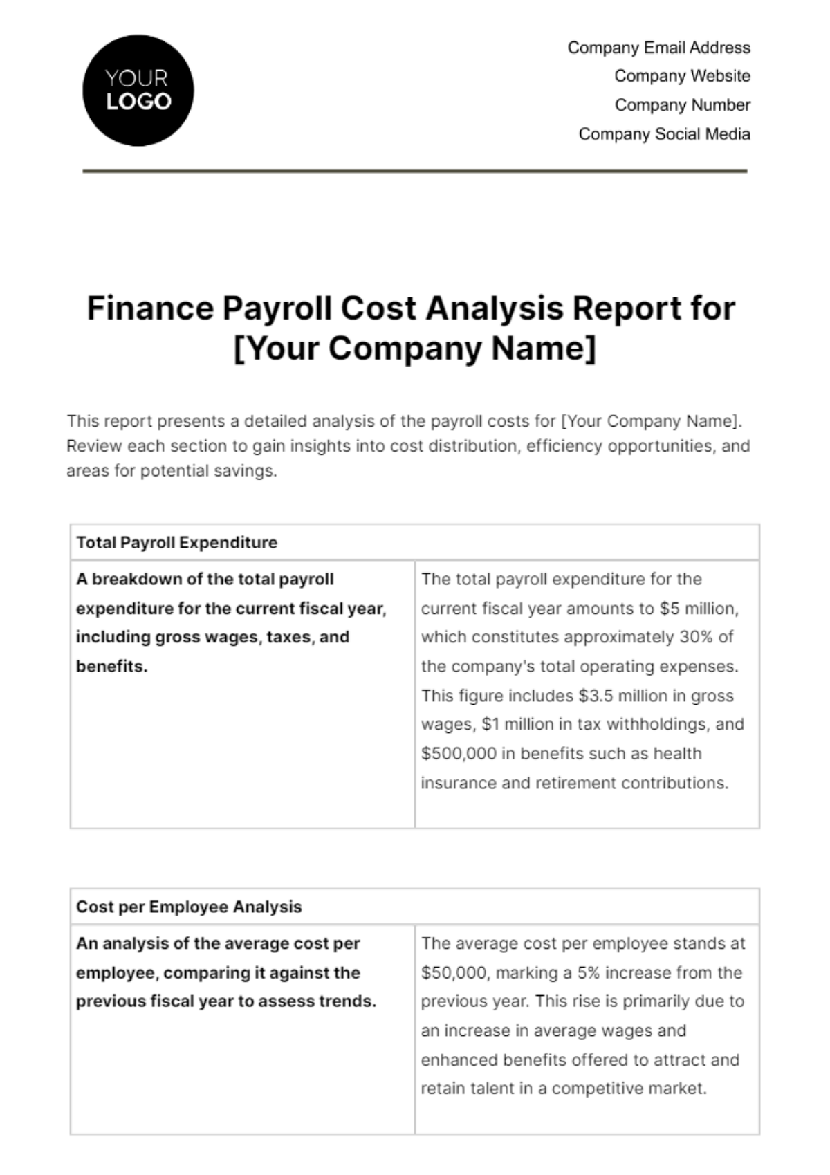 Free Finance Payroll Cost Analysis Report Template