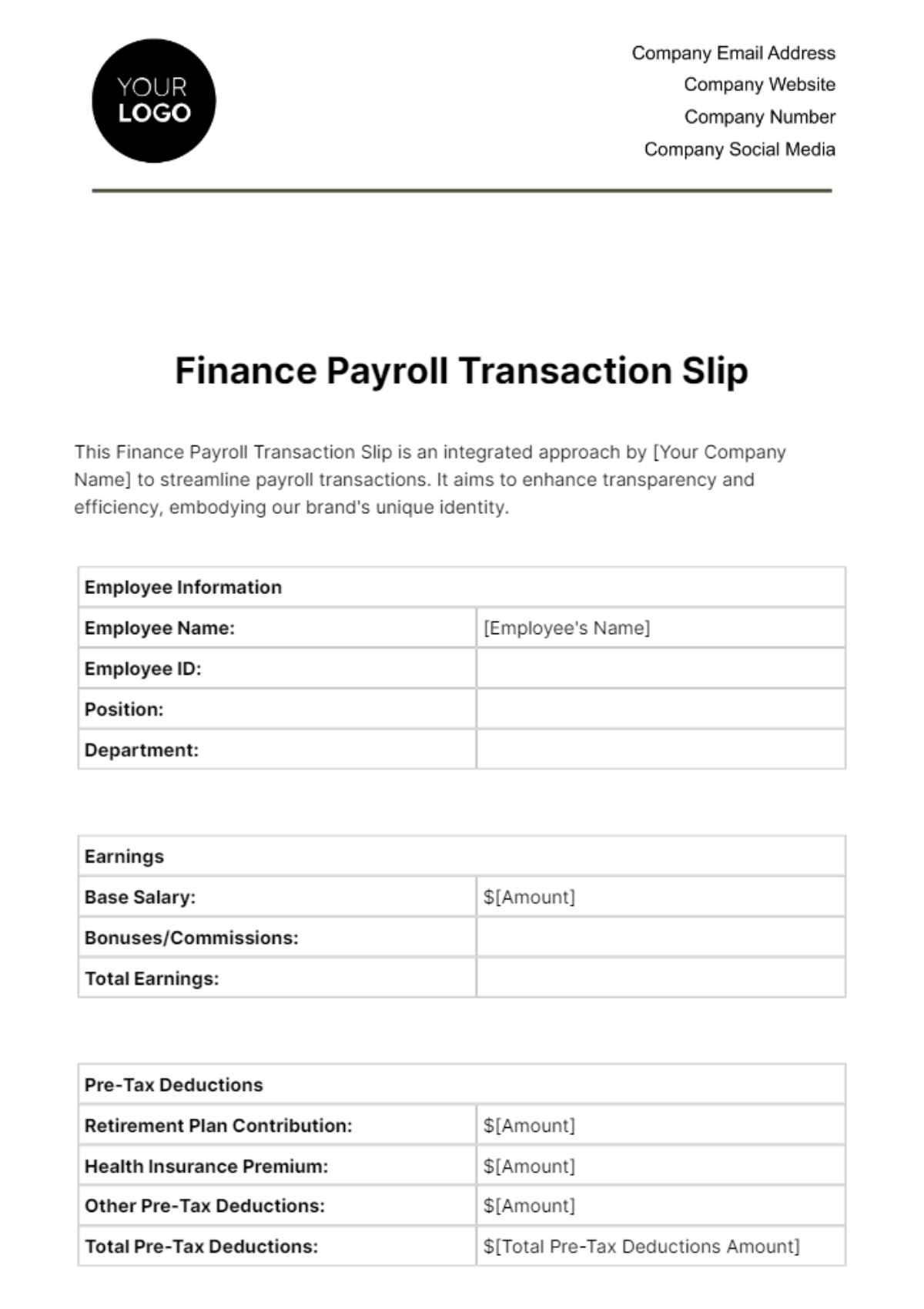 Finance Payroll Transaction Slip Template