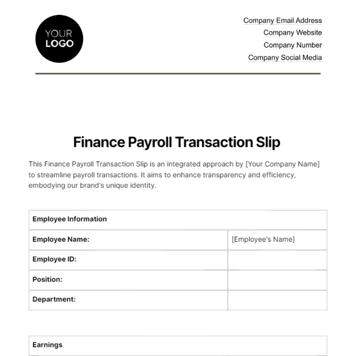 Finance Payroll Transaction Slip Template