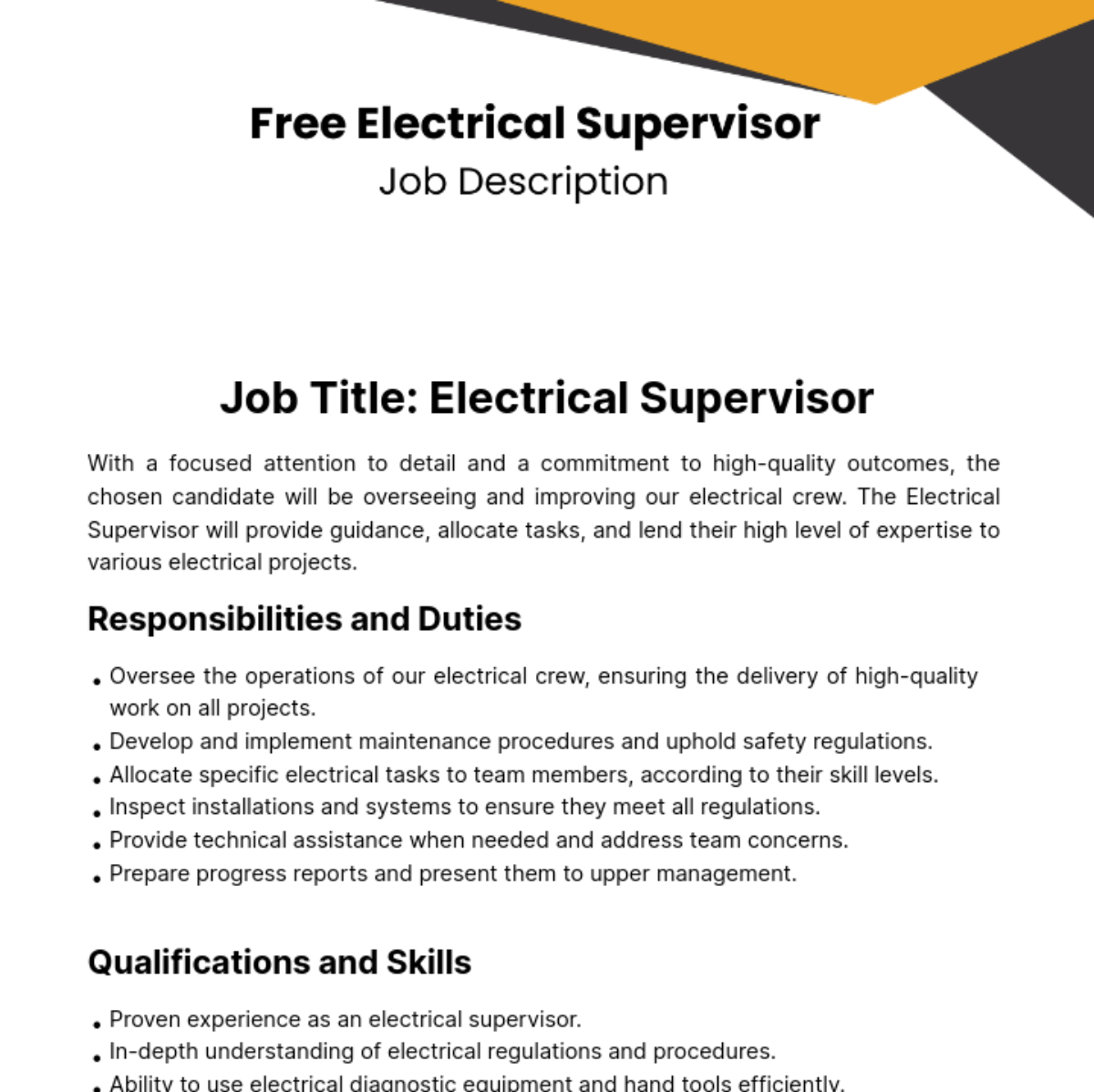 Free Electrical Supervisor Job Description Template