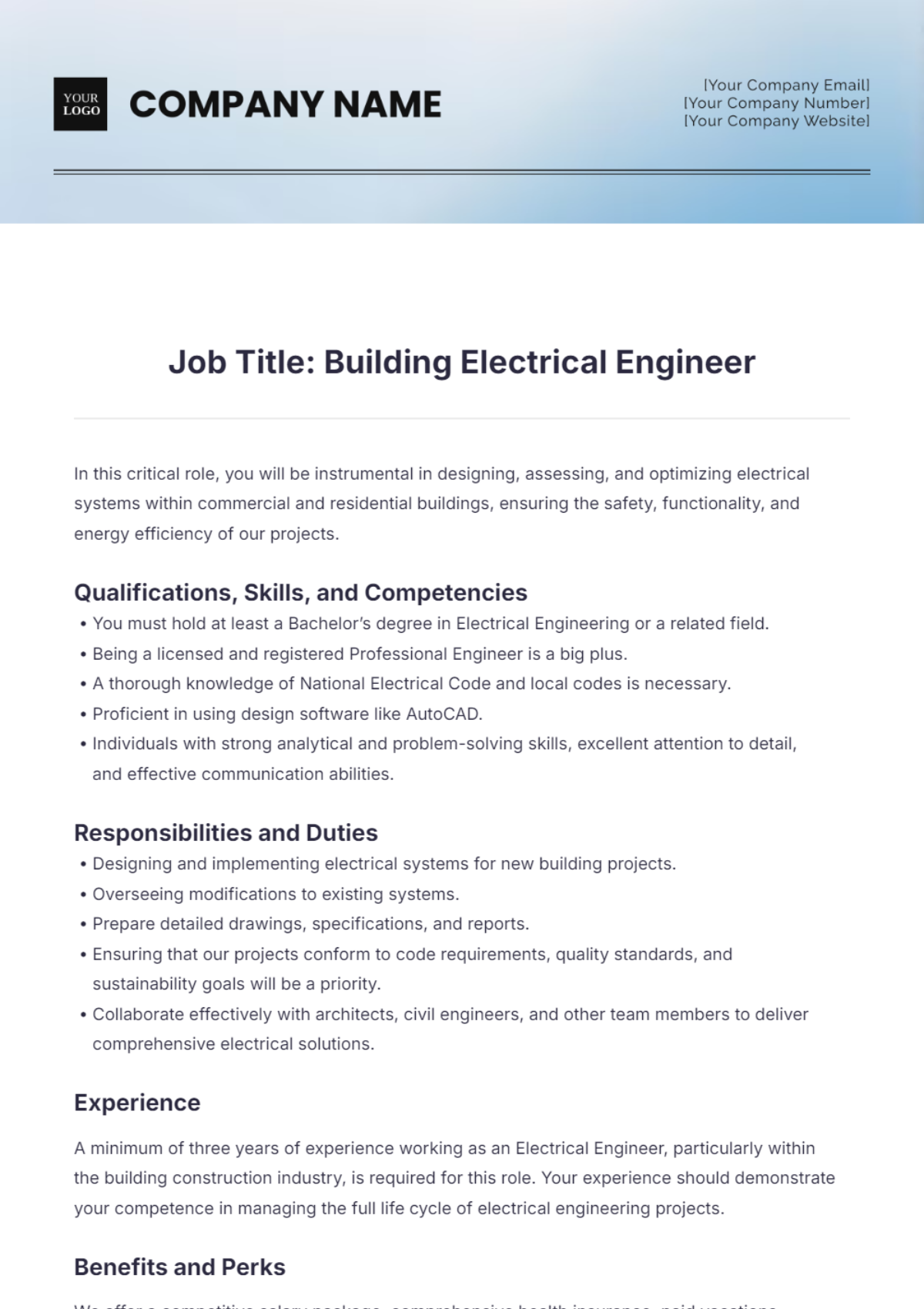 Building Electrical Engineer Job Description Template - Edit Online & Download