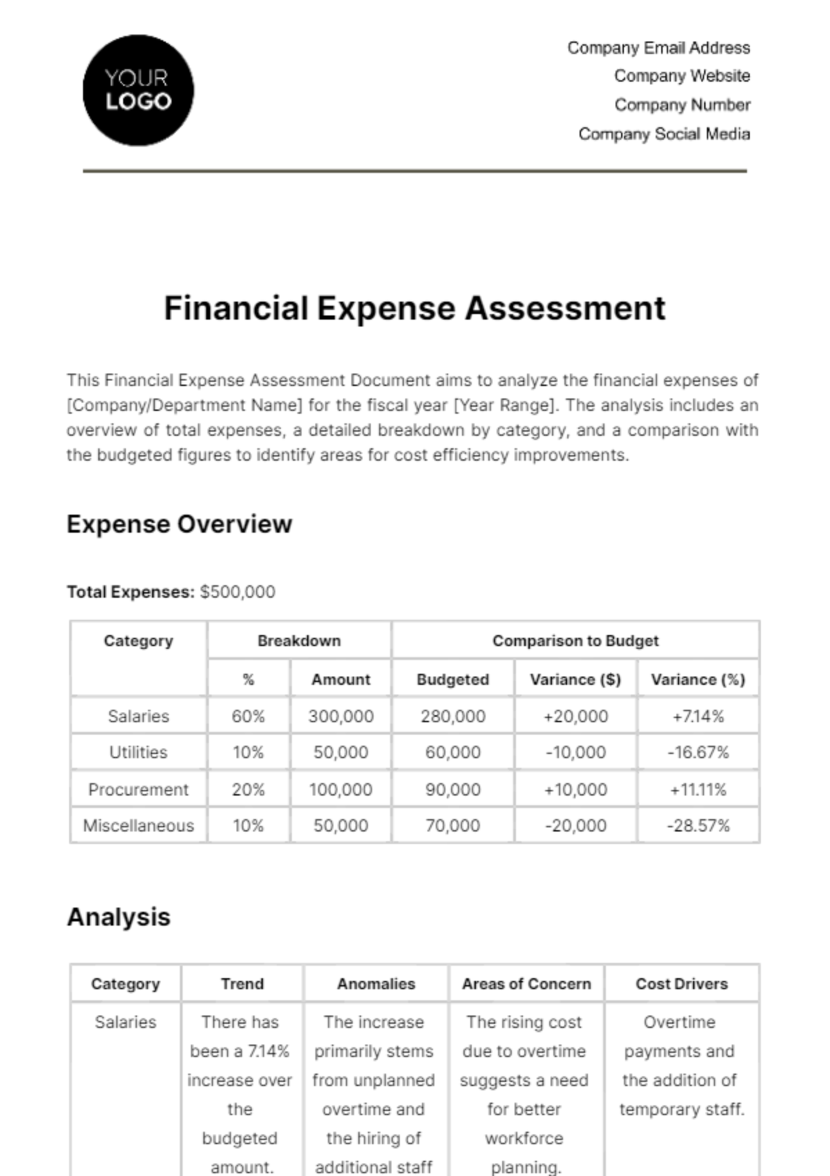 Financial Expense Assessment Template