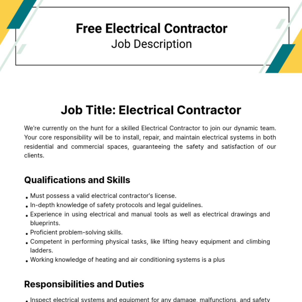 Free Electrical Contractor Job Description Template