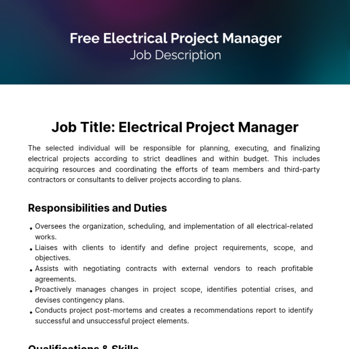 Electrical Project Manager Job Description Template