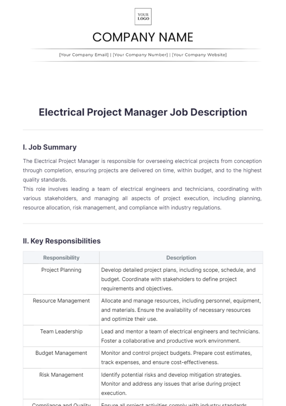 Electrical Project Manager Job Description - Edit Online & Download