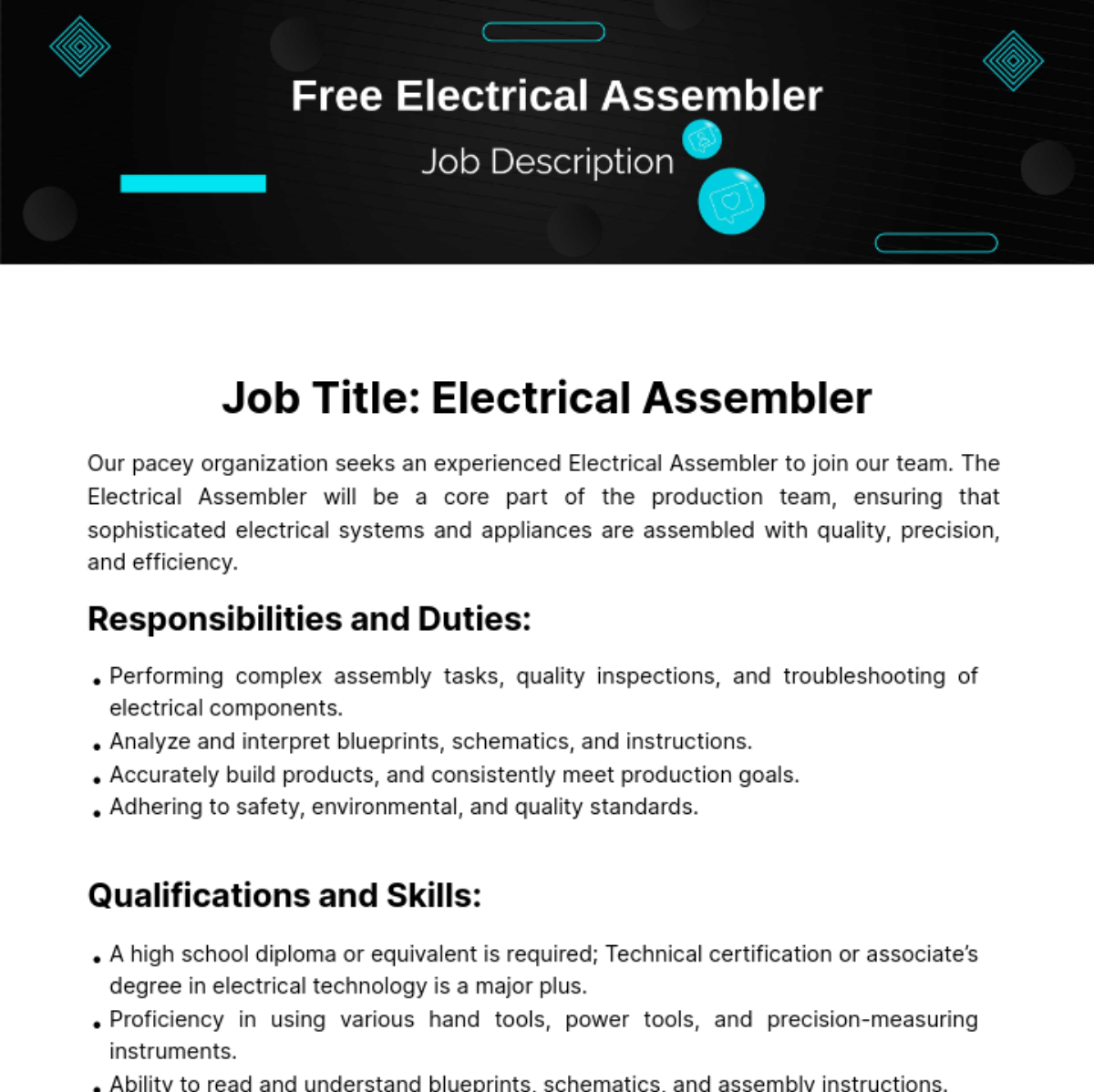 Free Electrical Assembler Job Description Template