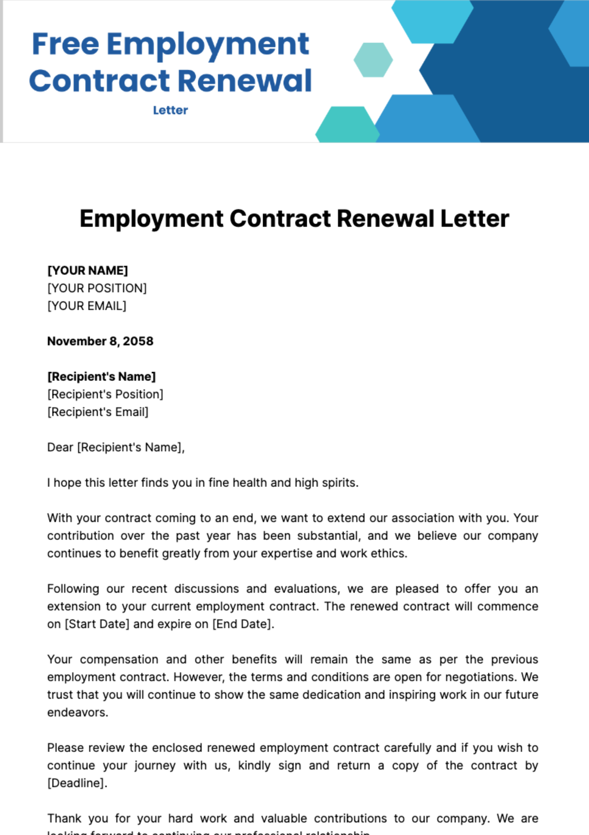 Free Employment Contract Renewal Letter Template