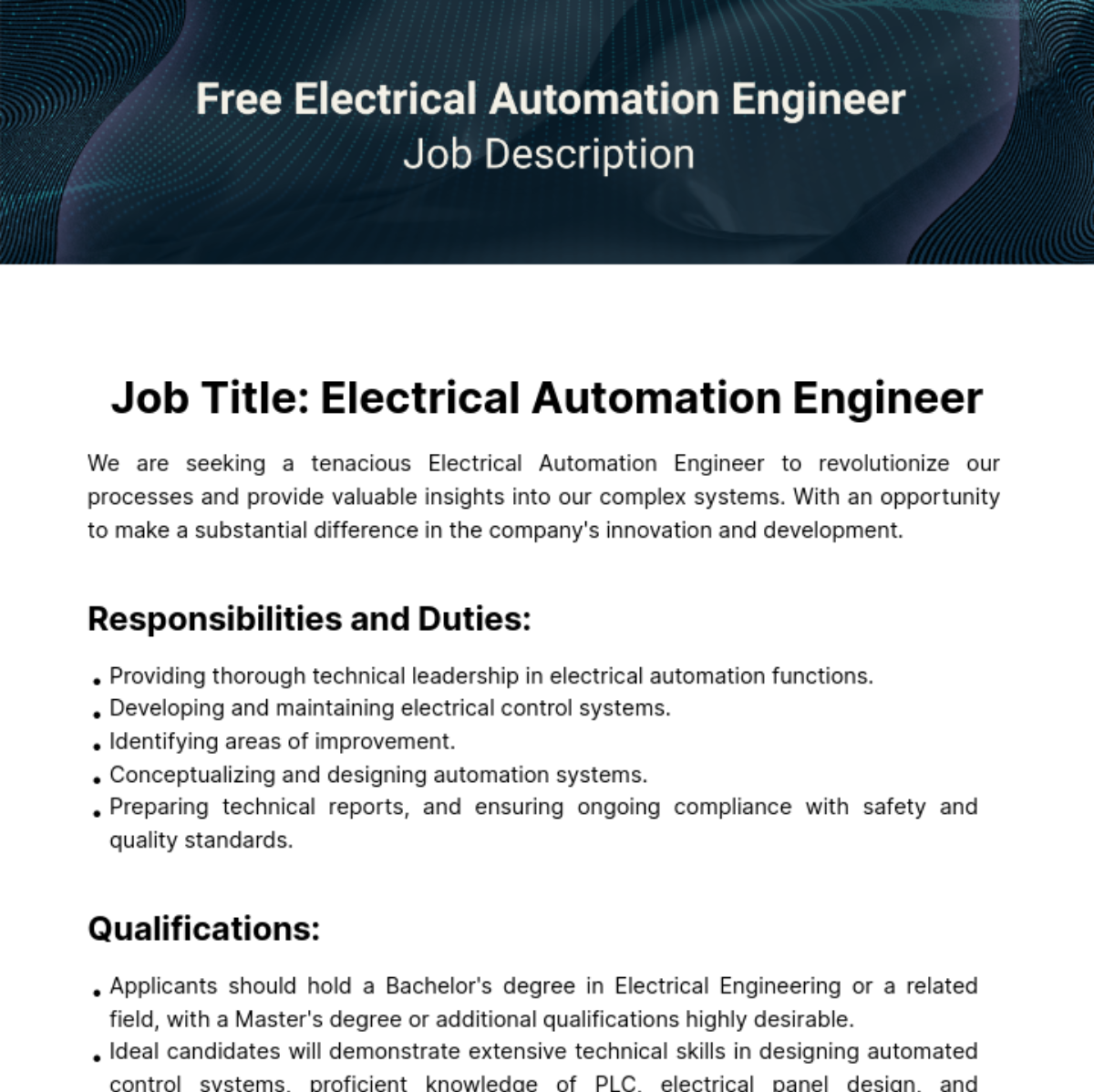 Free Electrical Automation Engineer Job Description Template