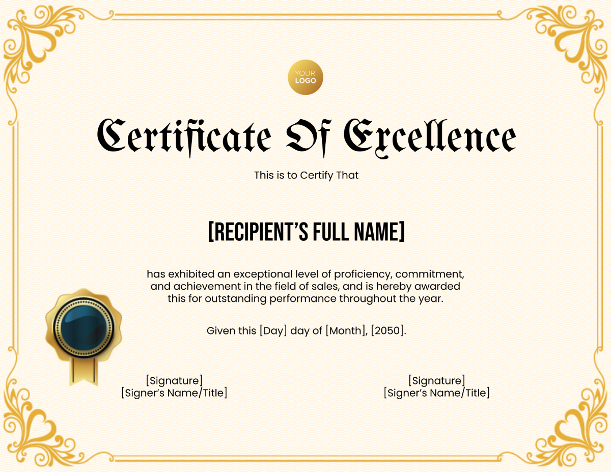 Certificate of Excellence in Sales Template