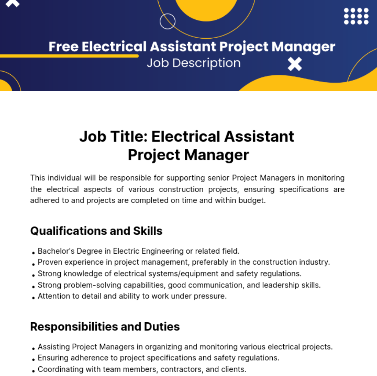 Free Electrical Assistant Project Manager Job Description Template
