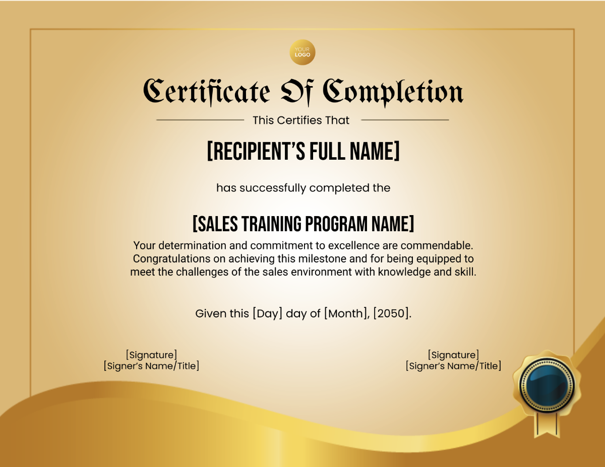 Certificate of Completion for Sales Training Template