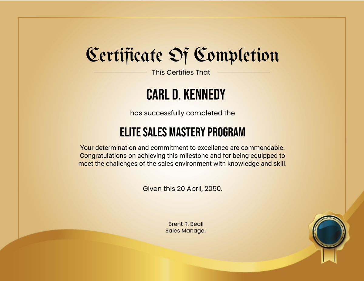 Certificate of Completion for Sales Training