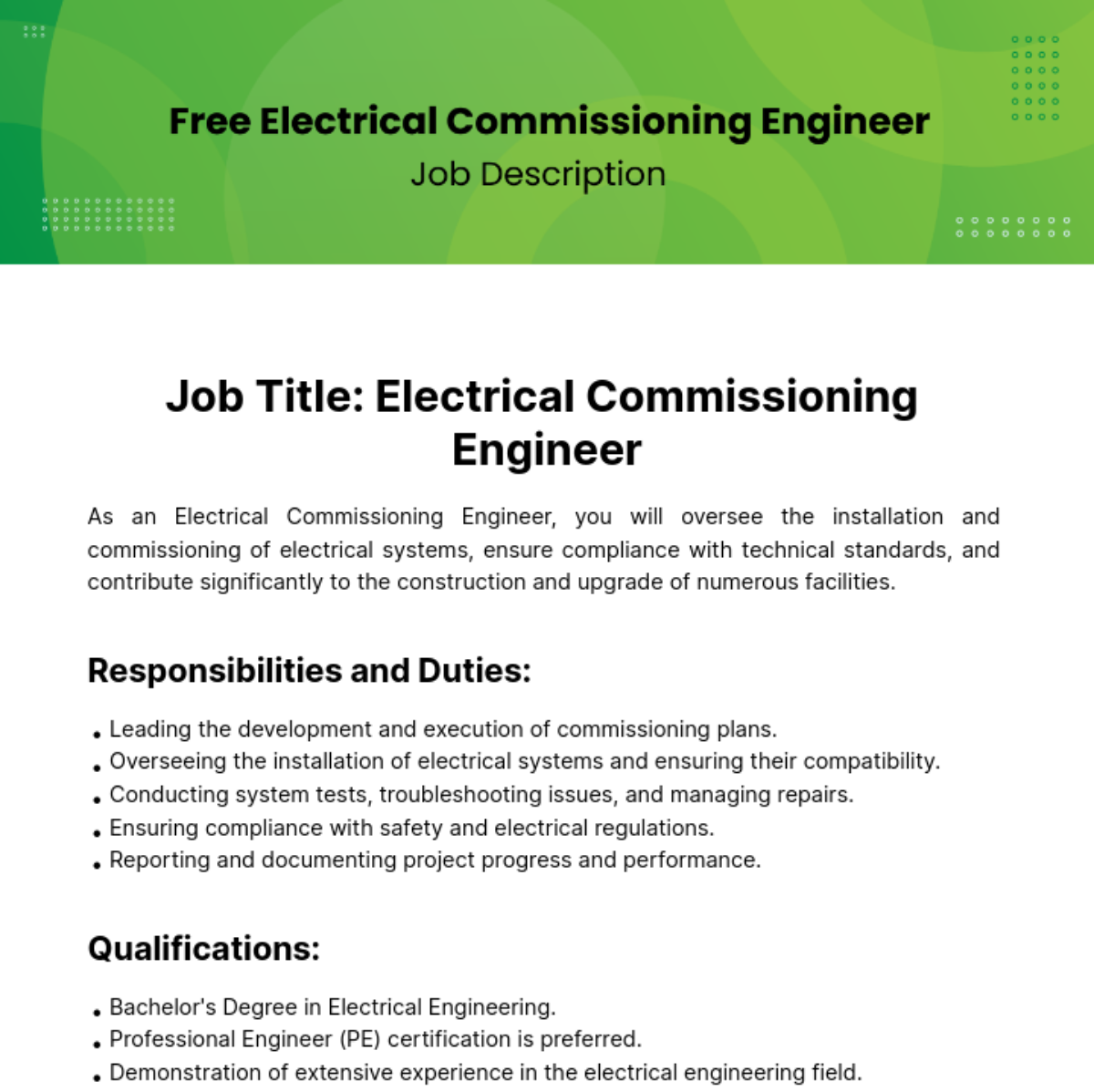 Free Electrical Commissioning Engineer Job Description Template