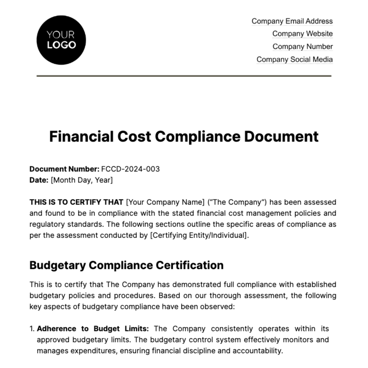 Financial Cost Compliance Document Template Edit Online & Download