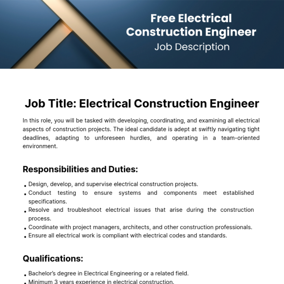 Electrical Construction Engineer Job Description Template
