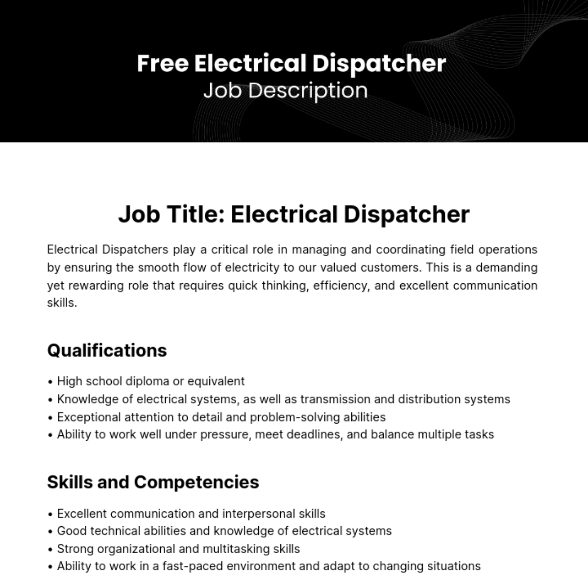 Free Electrical Dispatcher Job Description Template
