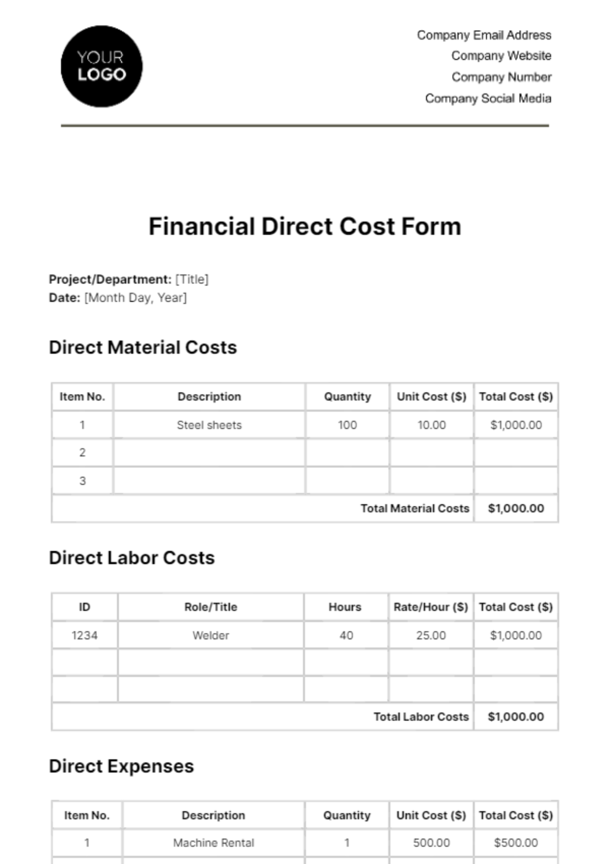 Financial Direct Cost Form Template