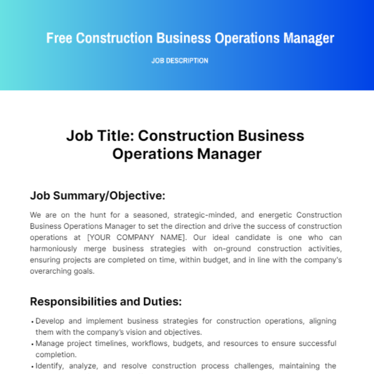 Construction Business Operations Manager Job Description Template
