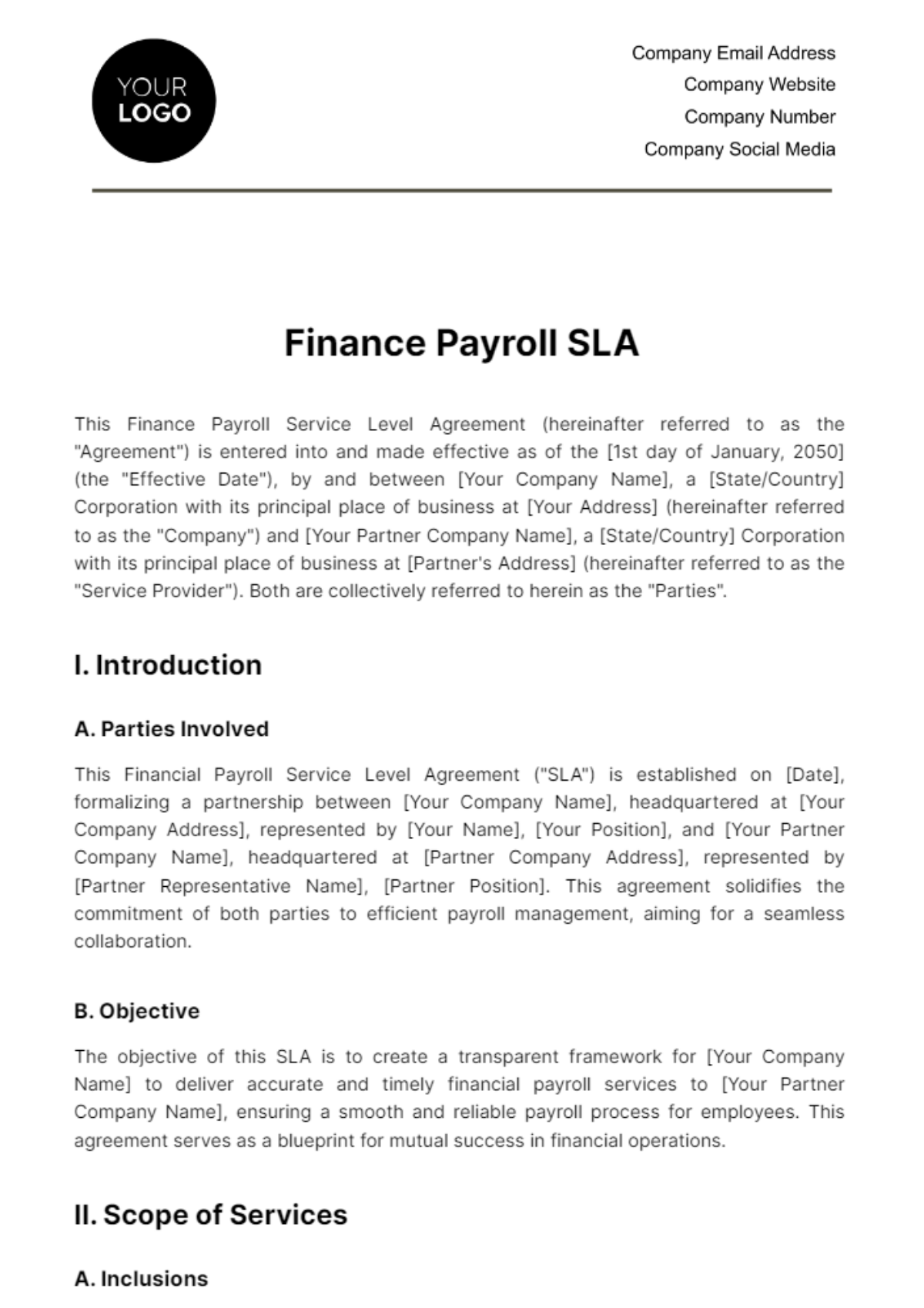 Free Finance Payroll SLA Template