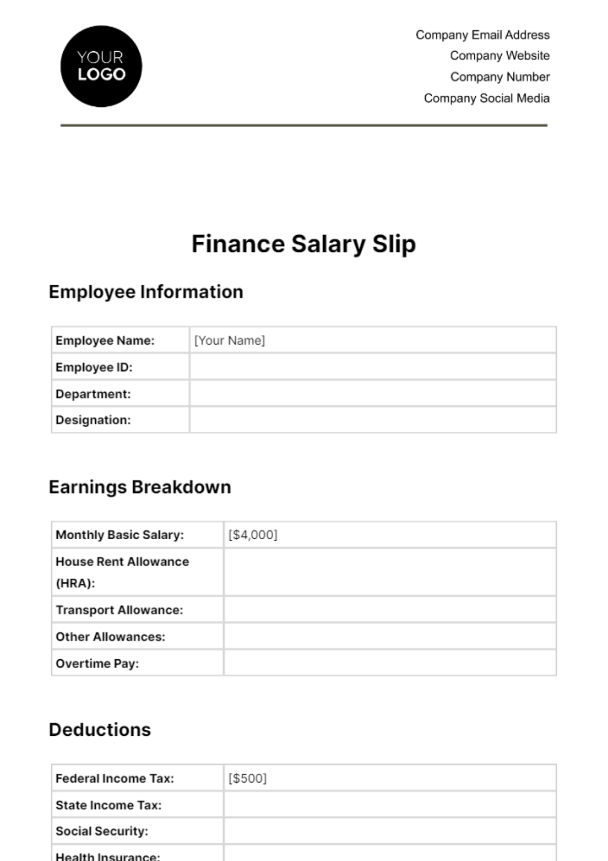 Free Finance Salary Slip Template
