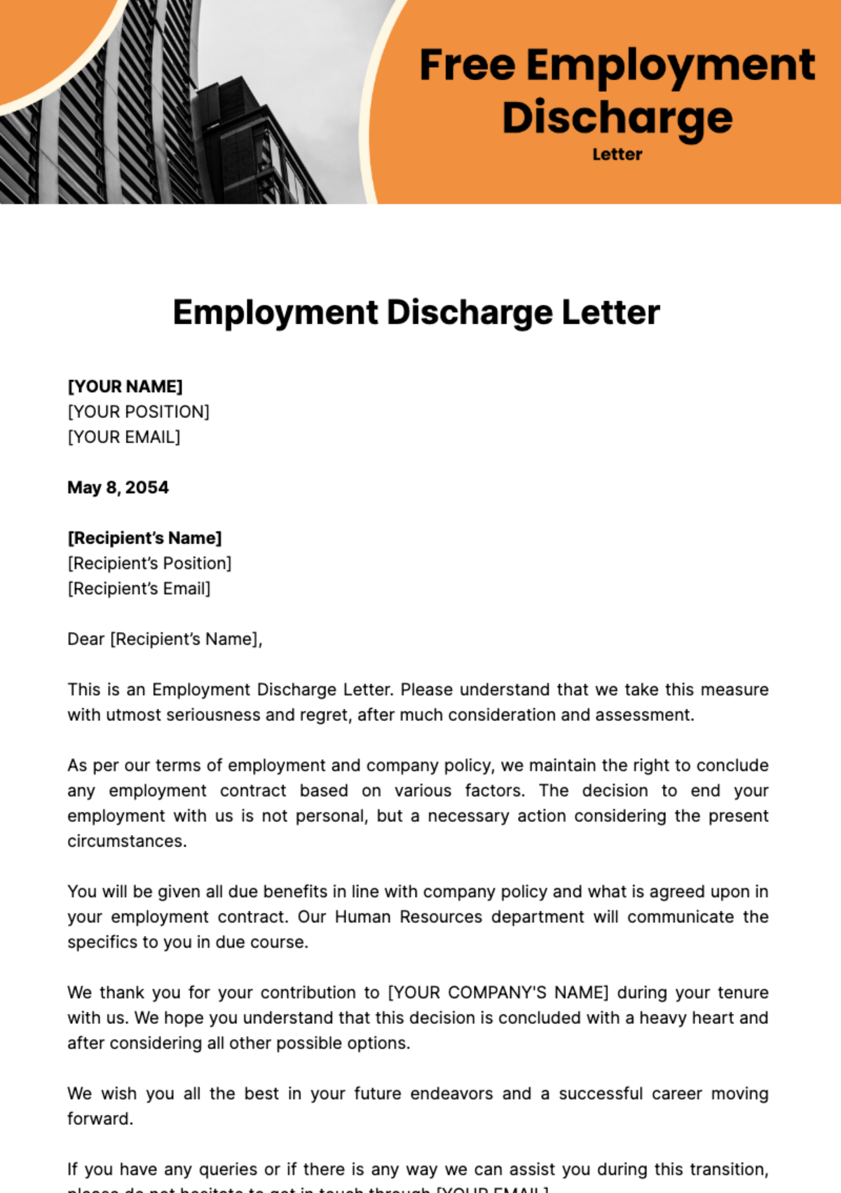 Free Employment Discharge Letter Template
