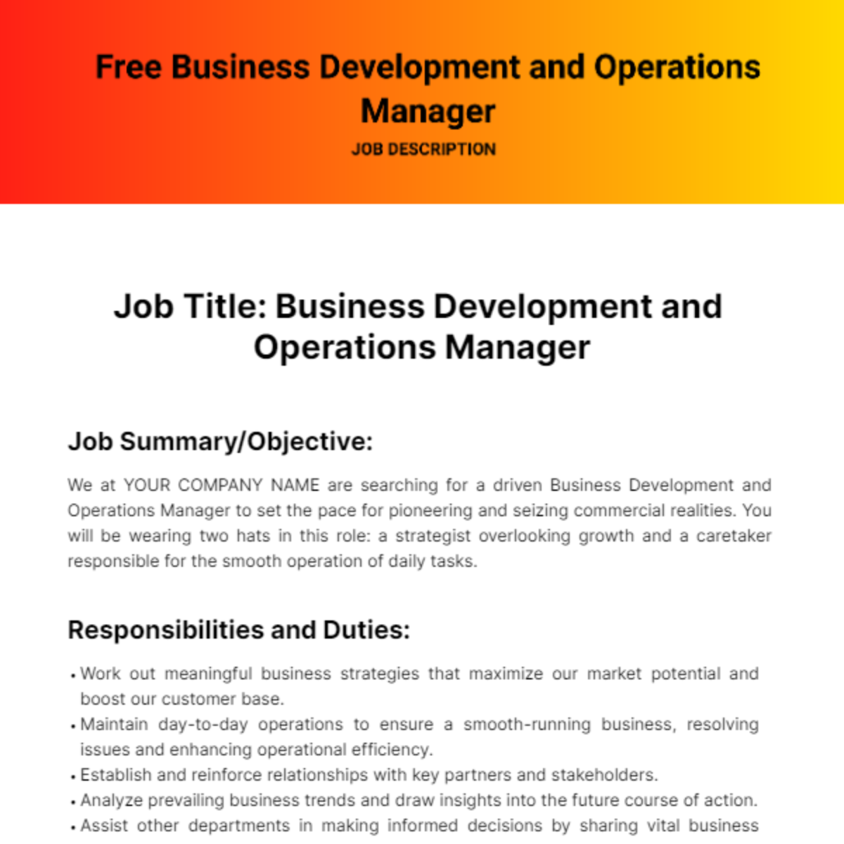 Free Business Development and Operations Manager Job Description Template