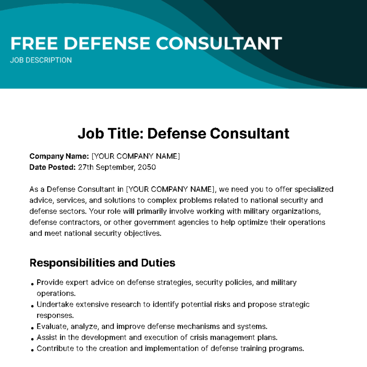 Free Defense Consultant Job Description Template