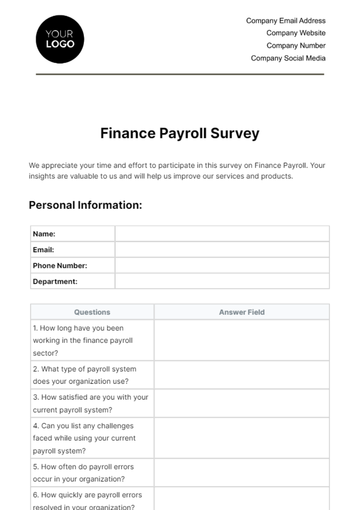 Free Finance Payroll Survey Template