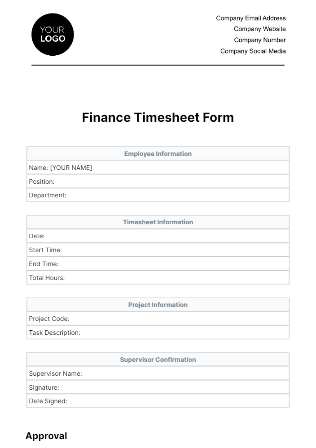 Free Finance Timesheet Form Template
