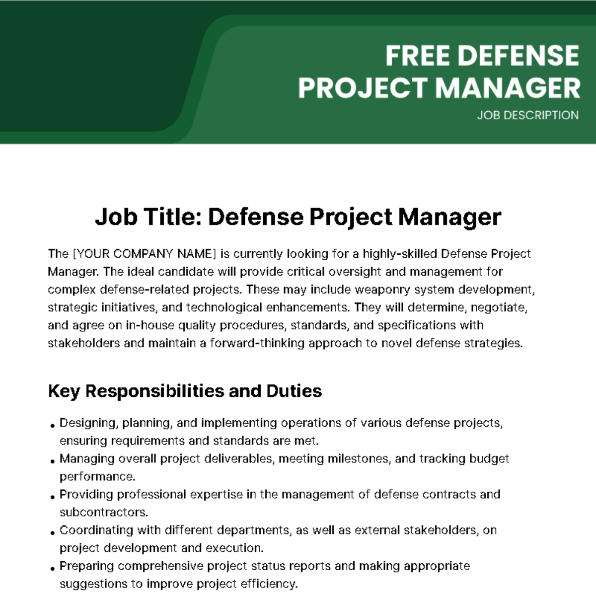 Defense Project Manager Job Description Template