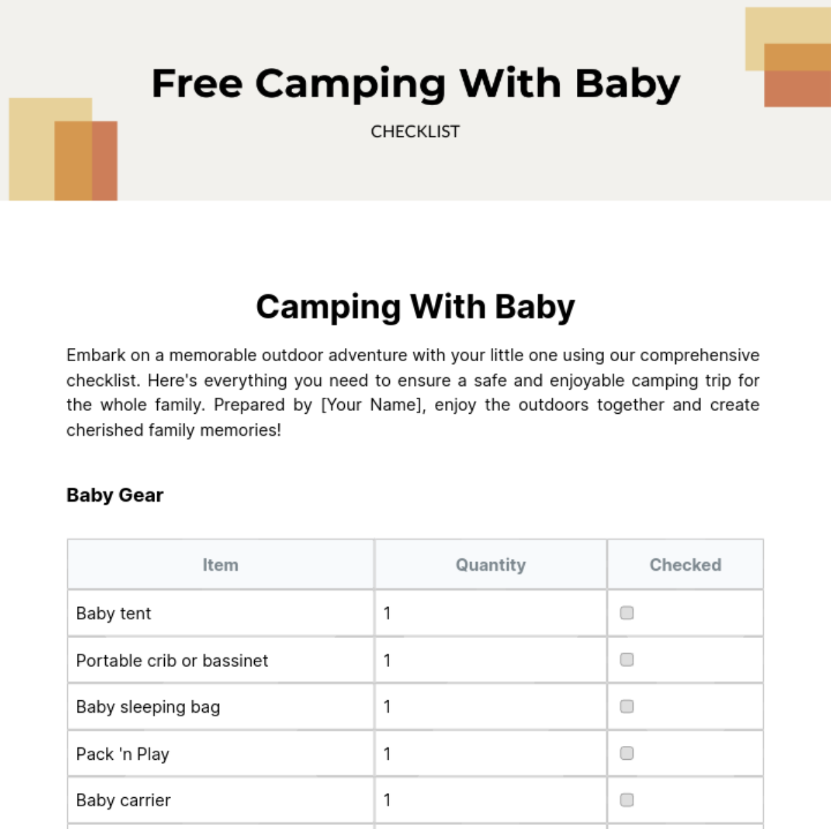 Camping With Baby Checklist Template