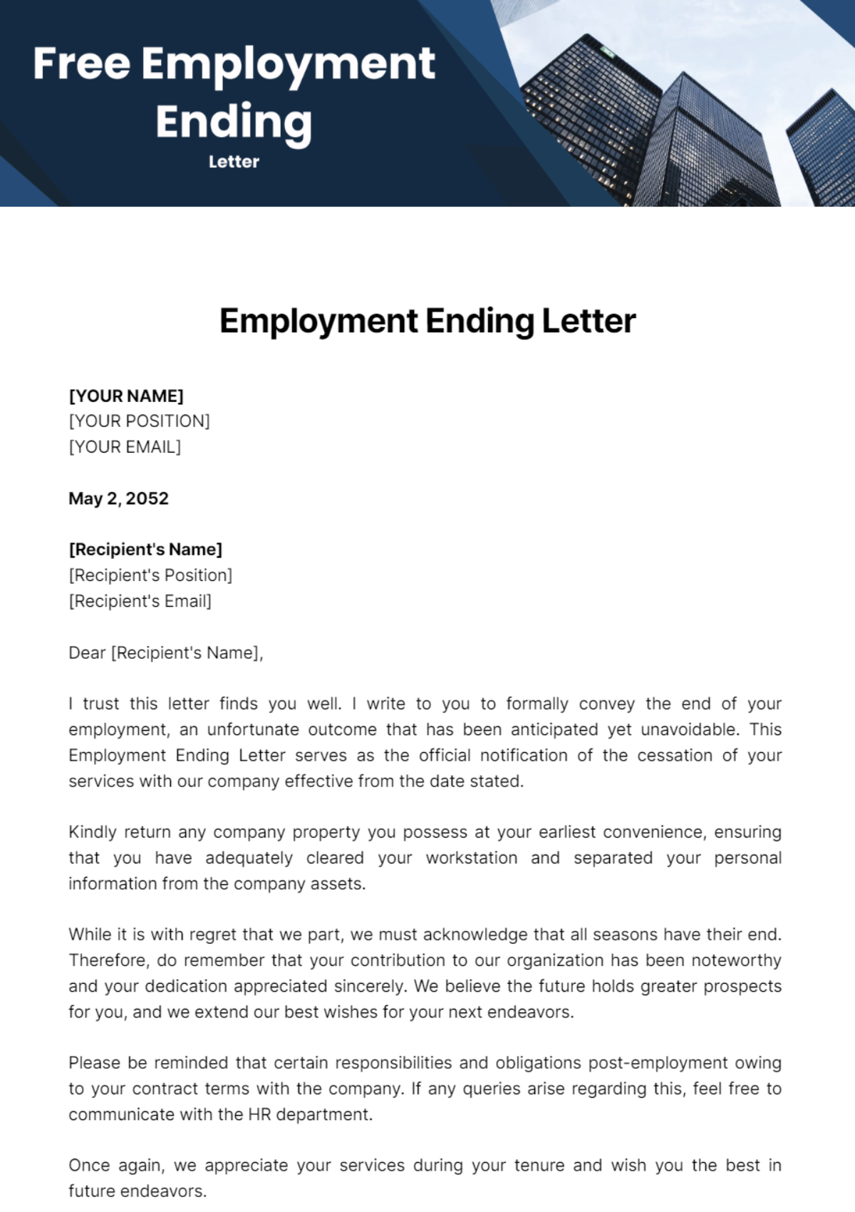 Employment Ending Letter Template