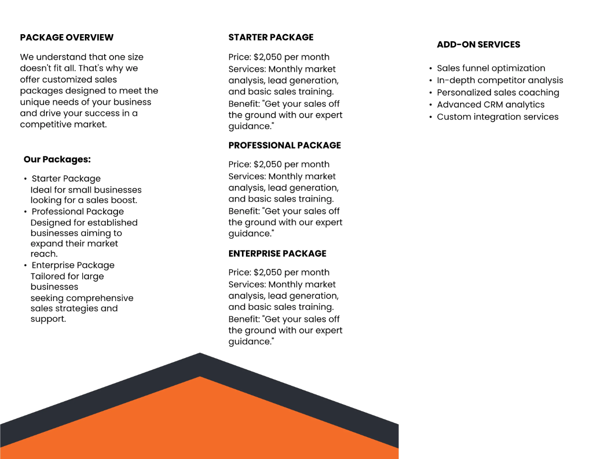 Free Sales Pricing and Packages Brochure Template to Edit Online